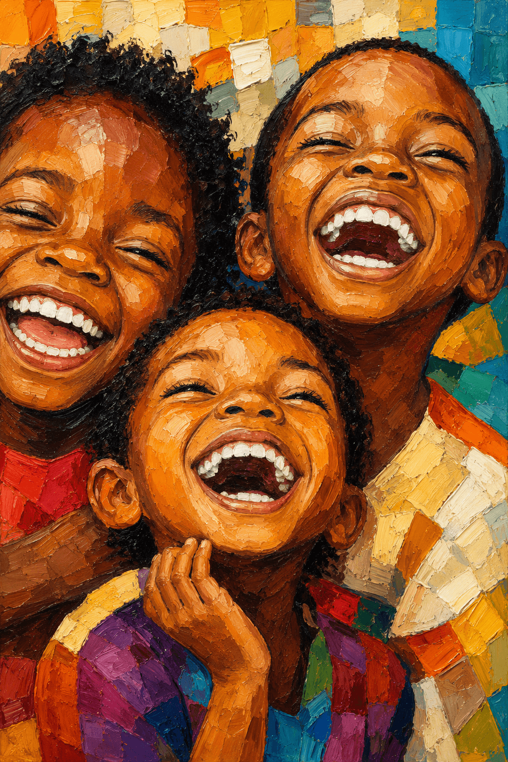 Oil painting of three children laughing together